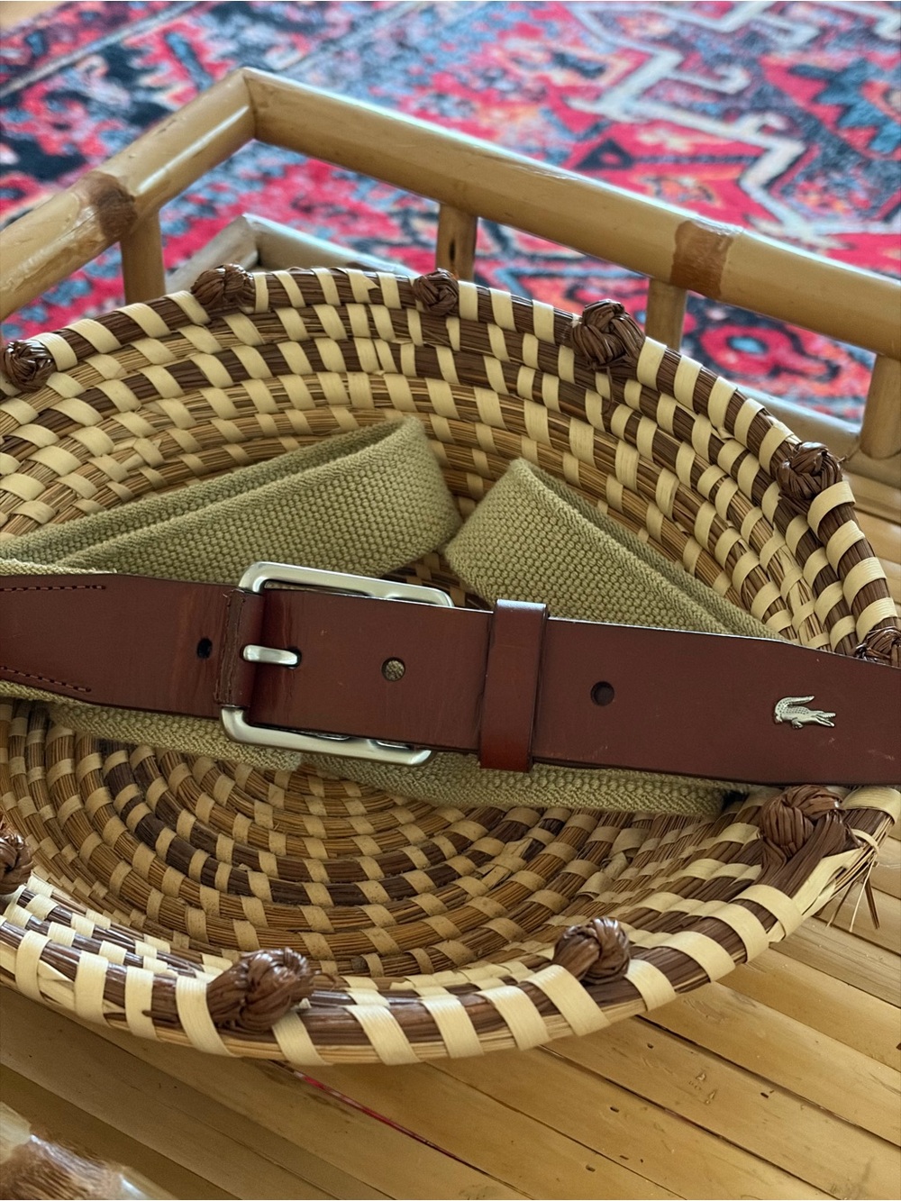 Lacoste Woven Canvas Belt with Leather Strap - Size L